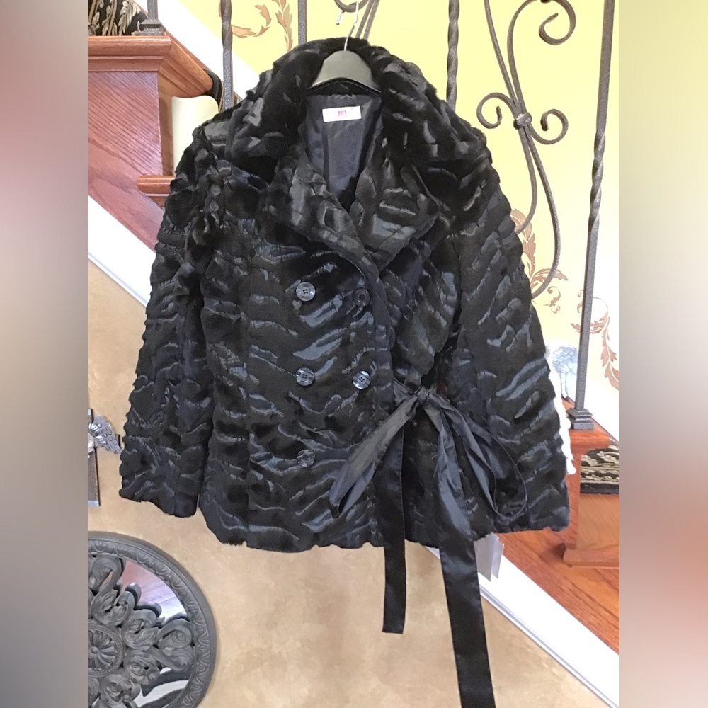 JLo By Jennifer Lopez Outerwear Black Faux Fur Double Breasted Jacket With Tie